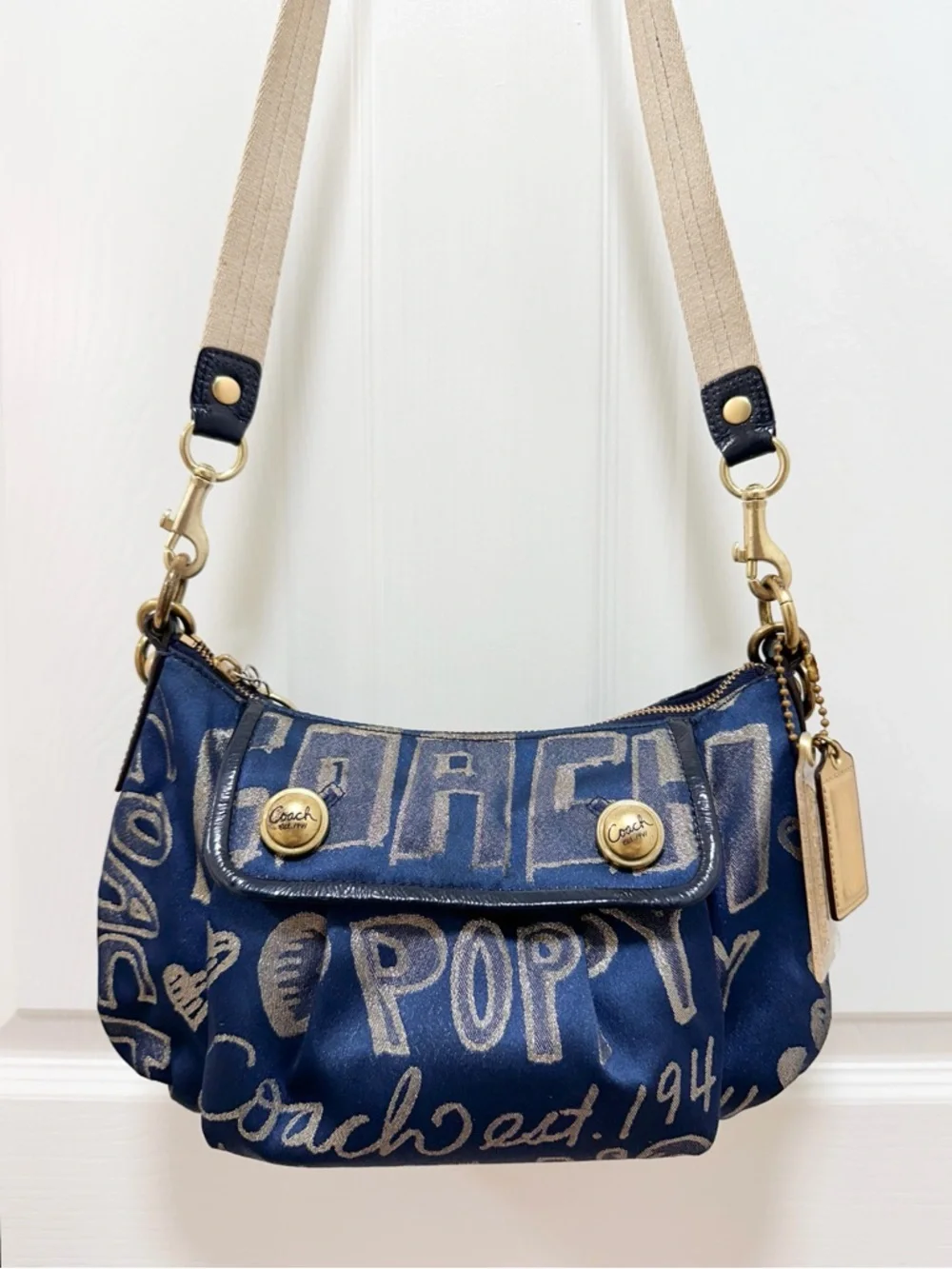 Coach Poppy Story Patch Bag Navy Metallic Gold Graffiti Satin 2Way